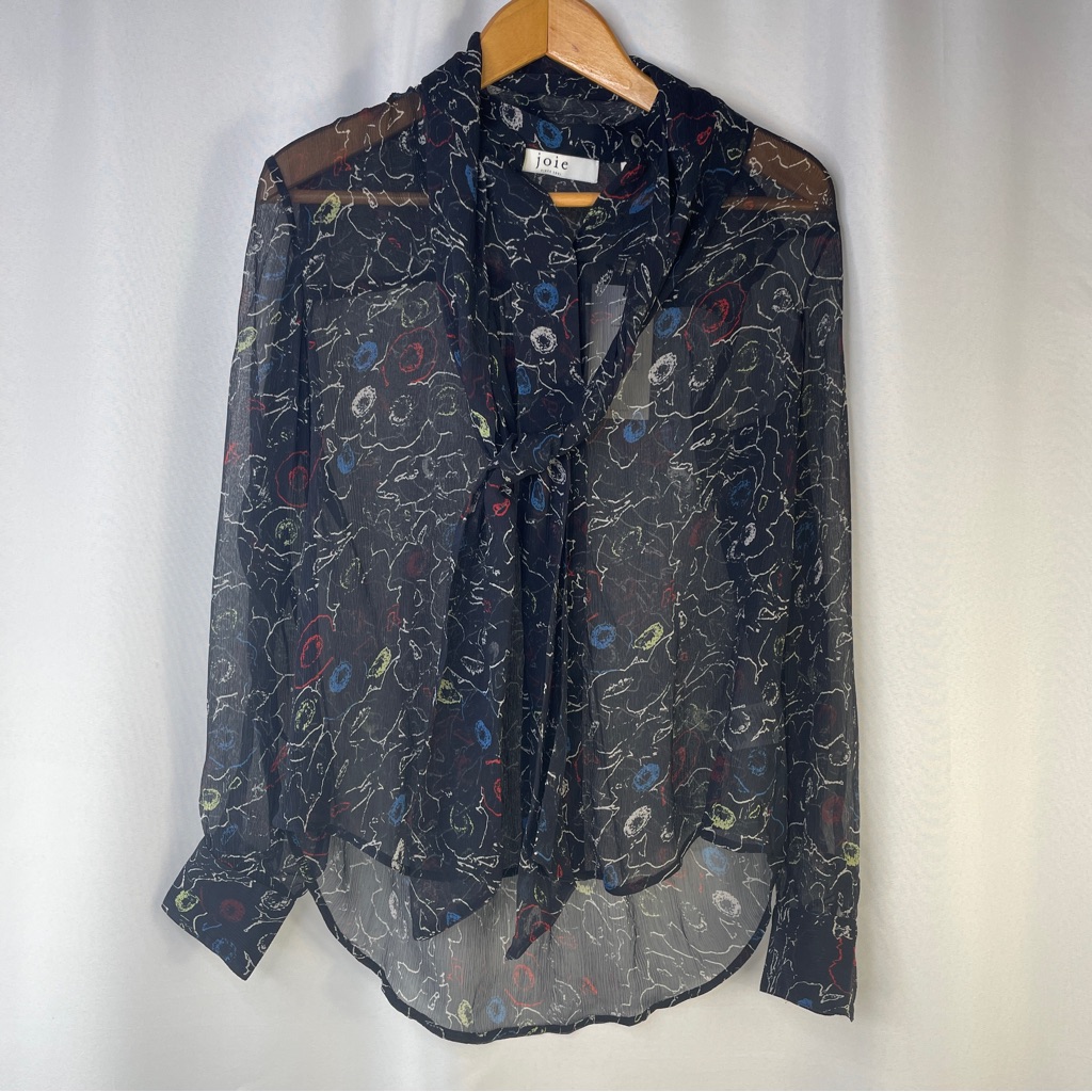 New Joie Roselle Floral Print Tie Neck Silk Blouse In Caviar X-Small